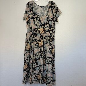 Chaps Black Floral Midi Dress 1X Women's Short Sleeve Floral Jersey Dress cotton